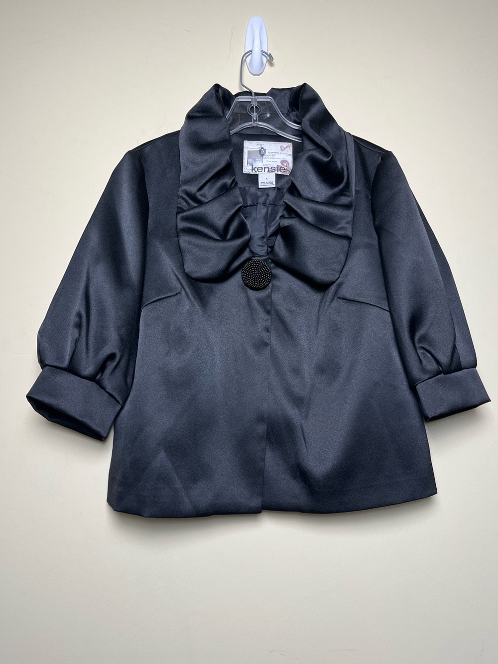 KENSIE Cropped Bolero Blazer Jacket Black Satin Ruffle Puff Sleeve Size 4